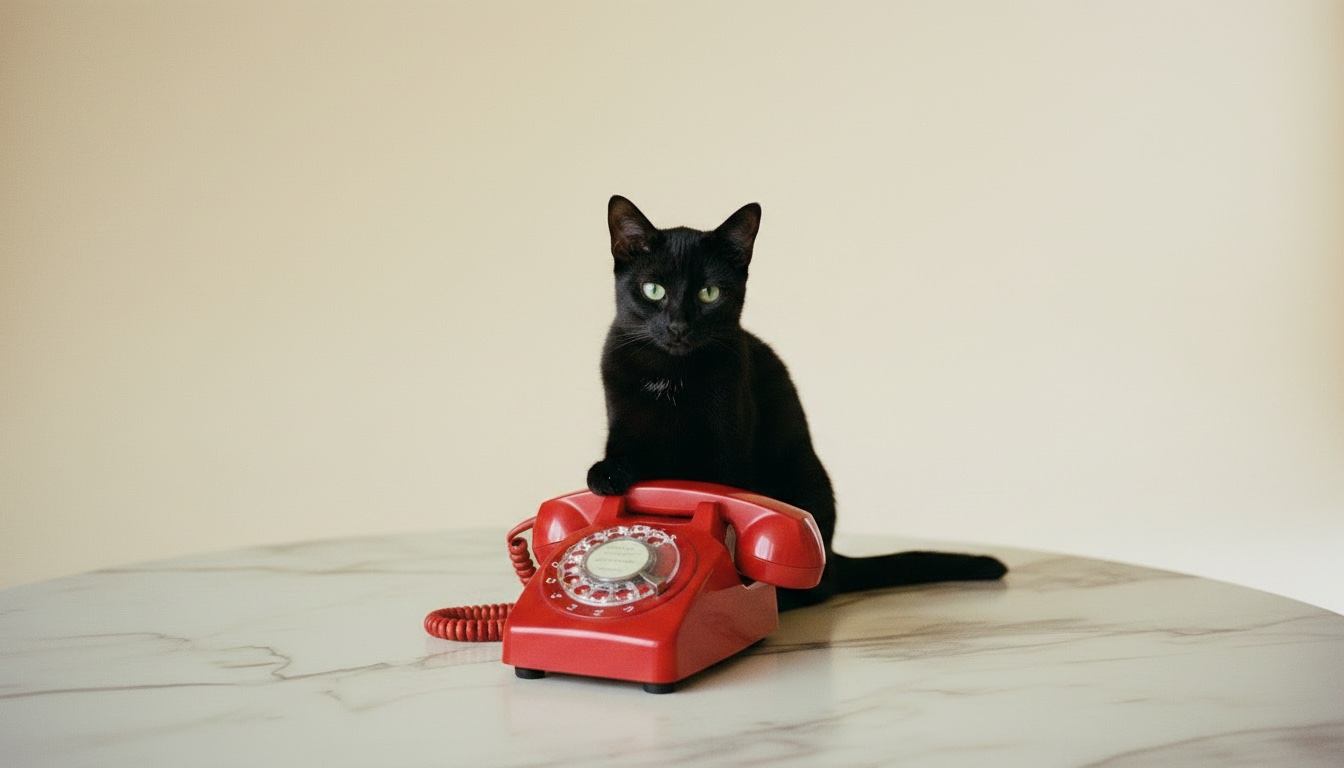 Gizmo the black cat sitting at a red rotary phone on a marble table